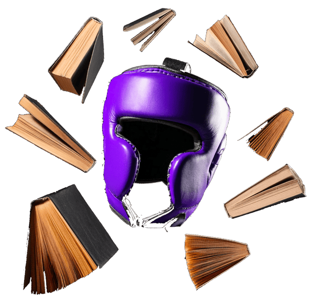 Casque de boxe violet avec des livres qui flottes autour